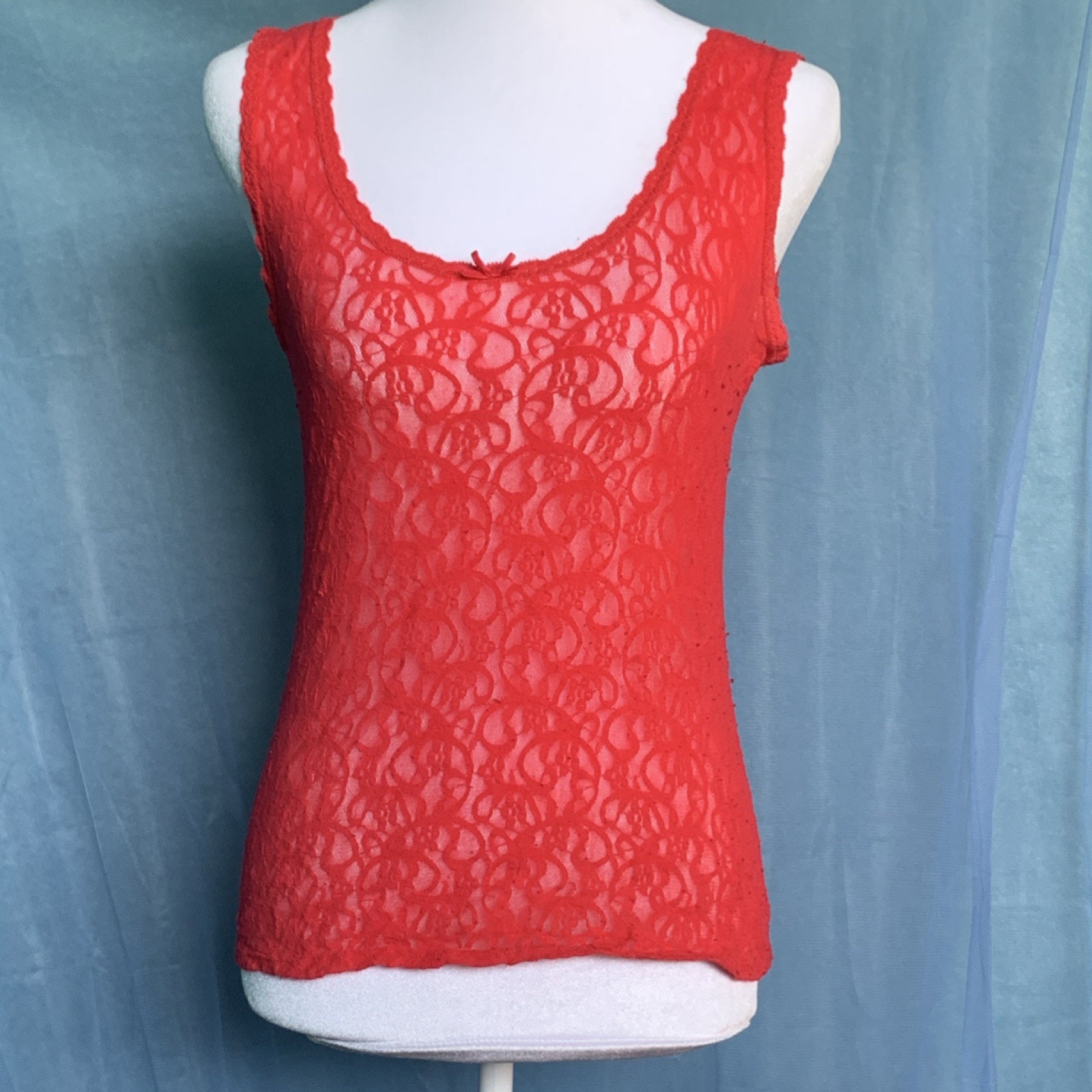 Red Lace Sheer Floral Camisole Tank Top For Women With Bow Accent